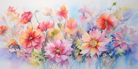 Fototapeta na wymiar Vibrant Blooms in Loose Watercolor Style- Expressive and Organic- Bursting with Color and Energy- Playful Brushstrokes and Delicate Wash Clipart Watercolor Flowers Generative Ai Digital Illustration