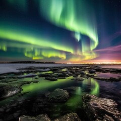Aurora borealis, northern lights with starry skies and landscape silhouettes. Created with generative AI technology.