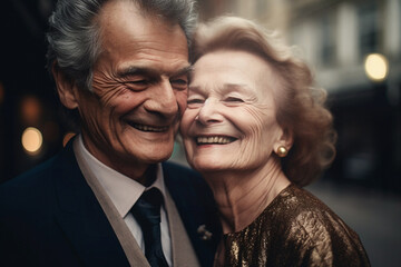 Couple in their 70s smiling  and embracing, dressed for an evening downtown, urban background