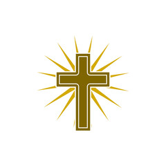 Christian cross with sun rays icon isolated on transparent background