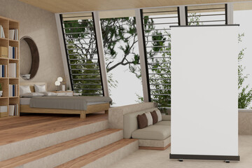 A blank poster mockup to display your graphic ads stands on the floor in a modern cozy bedroom.