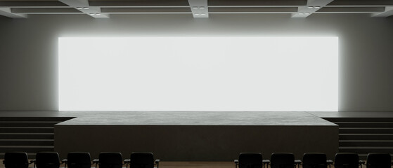 A modern empty stage mockup with an empty white projector backdrop. concert hall, event stage