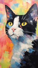 A black and white cat looking up in the style of impression,Abstract Portrait of a Cat, Close-up Illustration of a Cat