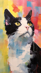 A black and white cat looking up in the style of impression,Abstract Portrait of a Cat, Close-up Illustration of a Cat