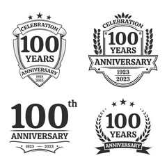 100 years anniversary icon or logo set. Vintage birthday banner design. 100th anniversary jubilee celebration badge or label collection. Vector illustration.