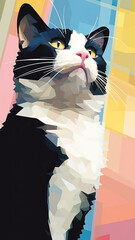 A black and white cat looking up in the style of impression,Abstract Portrait of a Cat, Close-up Illustration of a Cat