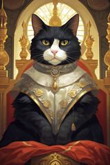 a black and white tuxedo cat is being crowned the king ,cat king illustration,cat anthropomorphic,cat concept illustration