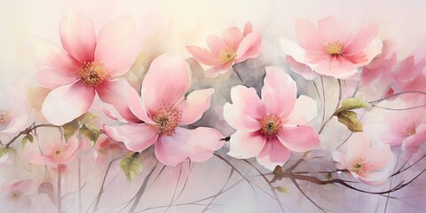    Blushing Botanical Symphony: Vibrant Pink Watercolor Blooms Dancing in a Whimsical Setting - Evoking Joy and Beauty Pink Watercolor Flowers Generative Ai Digital Illustration