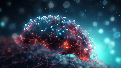 a blue brain surrounded by dots and connections,energy of the human,3d rendered illustration of a brain