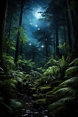 At night, a starlit forest abounds with trees and ferns. (Generative AI)