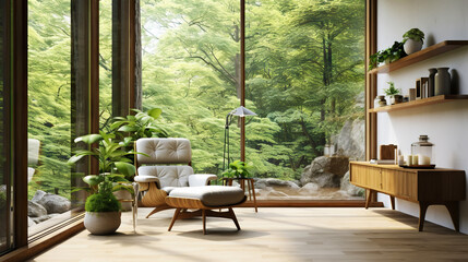 Fototapeta premium Modern room in house surrounded with forest. Large windows, organic architecture. Generative AI