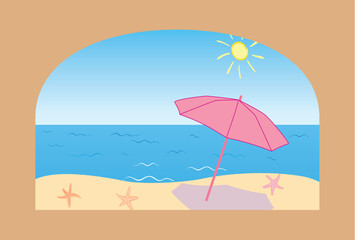 beige arch with sea beach and parasol - vector postcard for summer vacation