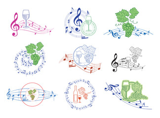 grape bunches and wine glasses with music notes - vector decorative design elements