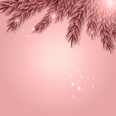 Realistic Merry CHRISTMAS TREE pine branch pink background. Happy New year glowing banner, postcard