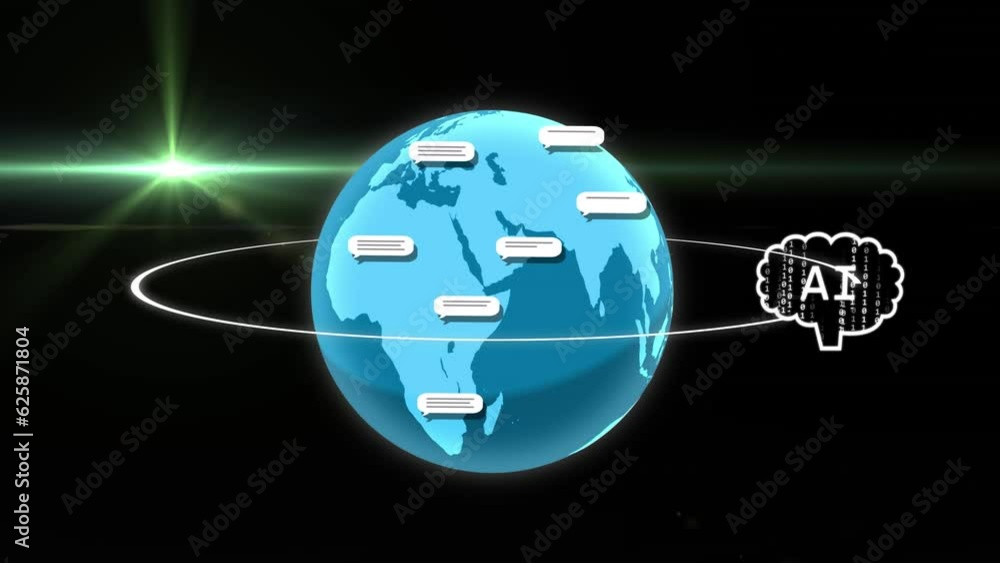 Poster animation of cloud with ai text revolving around globe with notification icons on black background