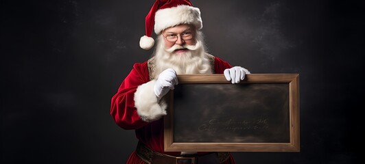 old Santa claus holding a empty blackboard