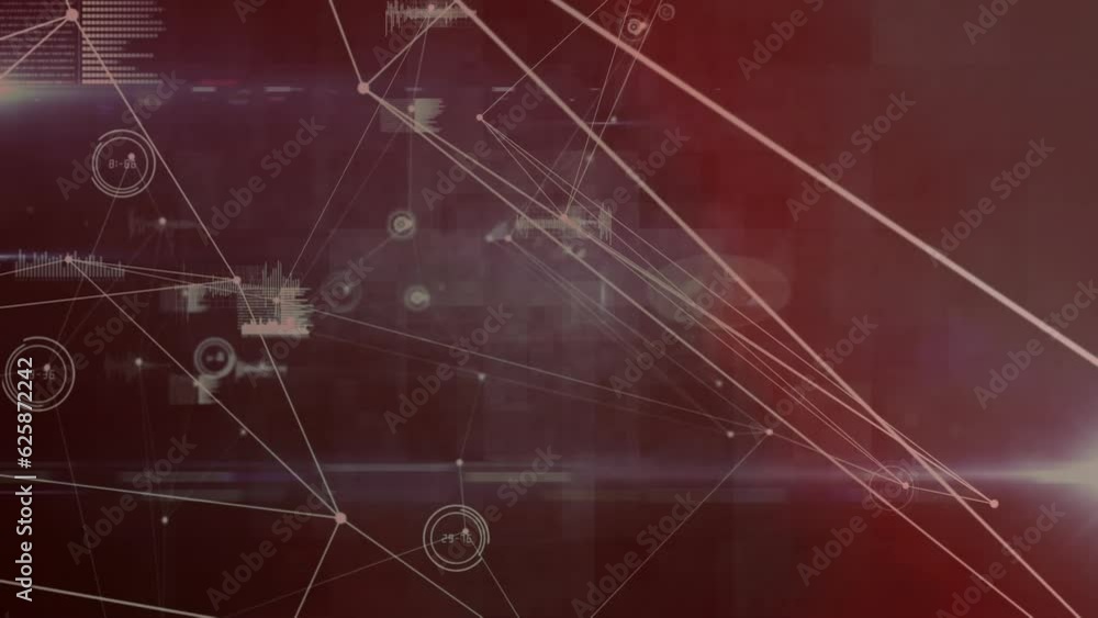 Poster animation of network of connections, data processing and light spots against red background