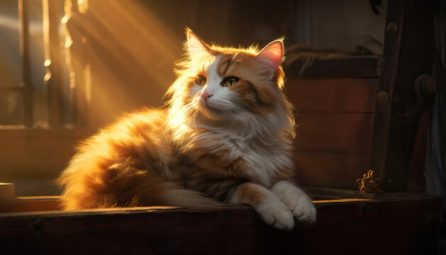 Sunshine on Muppet Cat, Cat Portrait Photography,A calico ragdoll cat, cinematic lighting, backlit, soft front diffused light, catch light