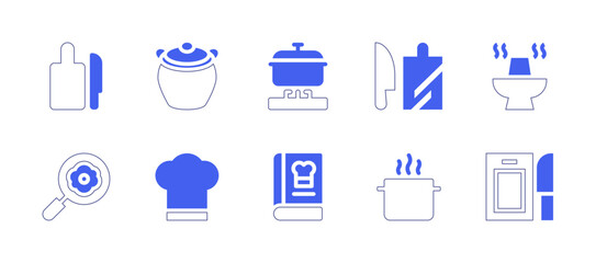 Cooking icon set. Duotone style line stroke and bold. Vector illustration. Containing chopping board, pot, cutting board, hot pot, egg, chef hat, recipe book.