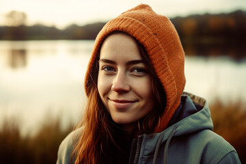 Cute teenager girl with beanie and parka smiling outdoors, lake landscape background