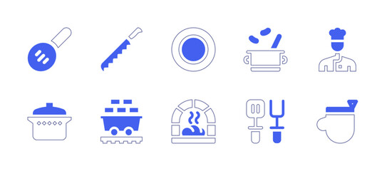 Fototapeta na wymiar Cooking icon set. Duotone style line stroke and bold. Vector illustration. Containing slotted spoon, bread knife, dishes, beans, chef, saucepan, coal, oven, spatula, oven glove.