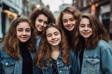 Fototapeta premium Teenager girls with long hair and jeans together for fun in town, looking at the camera and smiling