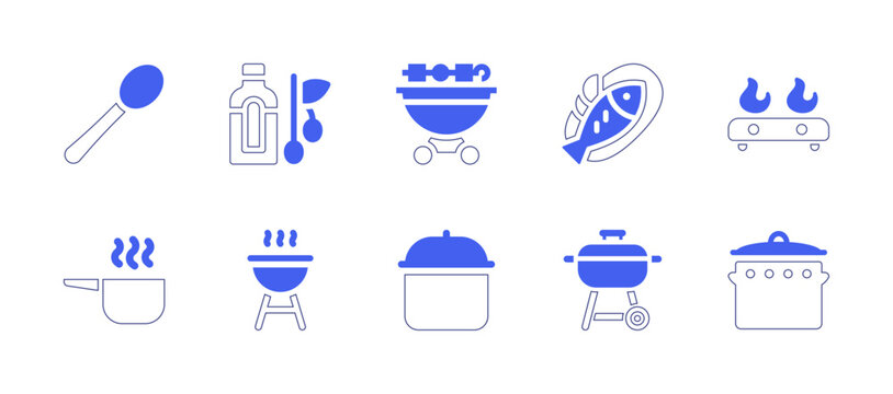 Cooking icon set. Duotone style line stroke and bold. Vector illustration. Containing ladle, olive oil, bbq, fish, cooking stove, kitchen pack, cooking pot, barbecue grill, cooking.
