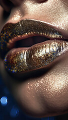 A close-up of a womans lips painted with a shimmering metal ,close up of an mouth