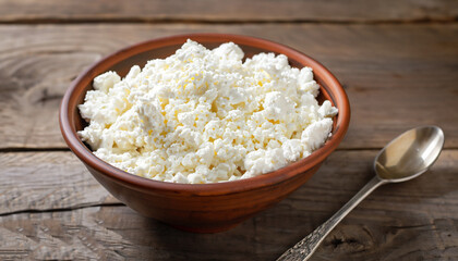 cottage cheese in clay bowl with spoon on rustic wooden table