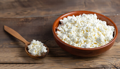 cottage cheese in clay bowl with spoon on rustic wooden table
