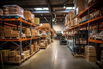 Warehouse With Shelves Filled With Packages, Generative AI