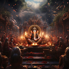 Ganesh Temple: A Sacred Scene of Ganesh Sitting on a Throne Surrounded by Lit Diyas - obrazy, fototapety, plakaty