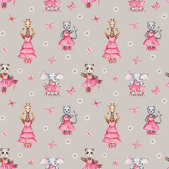 Watercolor seamless pattern. Hand painted illustration of cartoon elephant, panther cat, panda bear, giraffe. Girls in dance studio in pink dress, ballet shoes. Print on beige background for textile