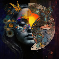 Creative Collage: An Enticing Illustration of a Woman’s Face with Art Tiles of Butterfly and Leaves