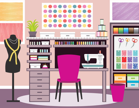 Seamstress's office. Dressmaker. Vector sewing illustration.
