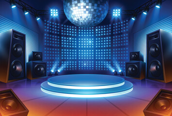 Music stage. Dance floor.  Disco ball show performance begin with lighting and amplifier. Led screen concert illuminated by spotlights. - obrazy, fototapety, plakaty