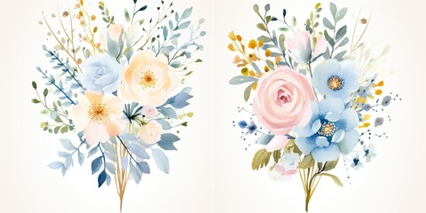Delicate Watercolor Floral Bouquet Illustration Set. Embrace the Beauty of Blush Pink, Blue, and Yellow Flowers,  Generative AI Digital Illustration