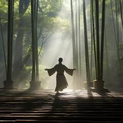 Serene Tai Chi Practice in Bamboo Forest: A Peaceful Meditation in Nature's Embrace, Balancing Mind and Body Amidst Serenity