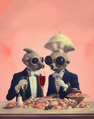 An extra-ordinary aperitif: Two extraterrestrial beings, elegantly attired in tuxedos and bowties, raising their wine glasses and savoring strange oysters and surreal delights, AI generative