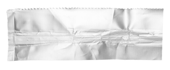 One single piece of cut out crumpled bright shiny rectangular metallic aluminium foil, isolated on...