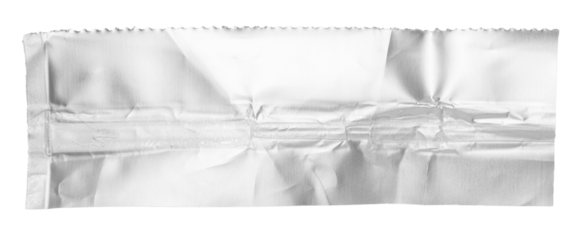 One single piece of cut out crumpled bright shiny rectangular metallic aluminium foil, isolated on white or transparent background with copy space for text
