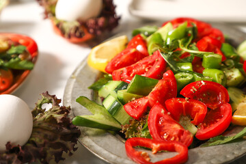 Traditional Turkish Breakfast served with traditional turkish tea on marble table