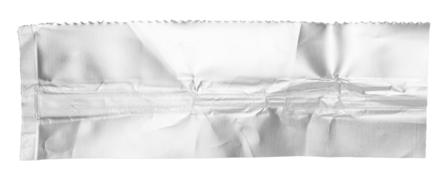 One single piece of cut out crumpled bright shiny rectangular metallic aluminium foil, isolated on white or transparent background with copy space for text
