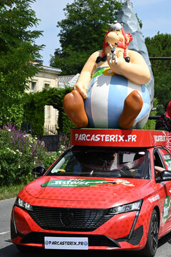 Le Tourne, Aquitaine, France -07 07 2023: Car from Parc Asterix during the Caravan of the Tour de France 2023