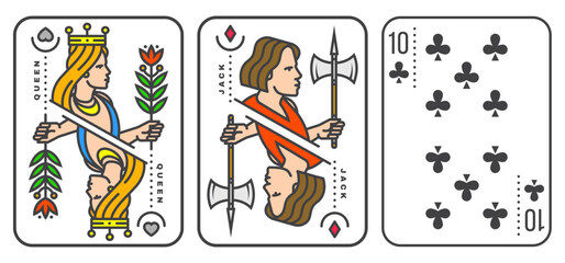 Set of playing card 10, queen, jack. Vector illustration. Esoteric, magic Royal playing card 10, queen, jack design collection. Line art minimalist style