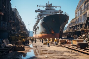 Shipyard With Dry Docks And Ship Under Maintenance, Generative AI - obrazy, fototapety, plakaty