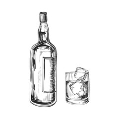 Whiskey Bottle and Glass. Hand Drawn Drink  Illustration. Booze. 
