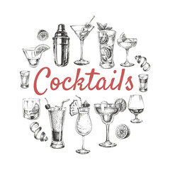 Set of sketch cocktails alcohol drinks hand drawn illustration. booze