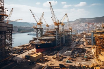 Fototapeta na wymiar Shipyard With Massive Cranes And Ships, Generative AI