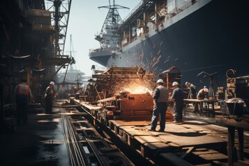 Shipyard With Workers Welding And Constructing, Generative AI